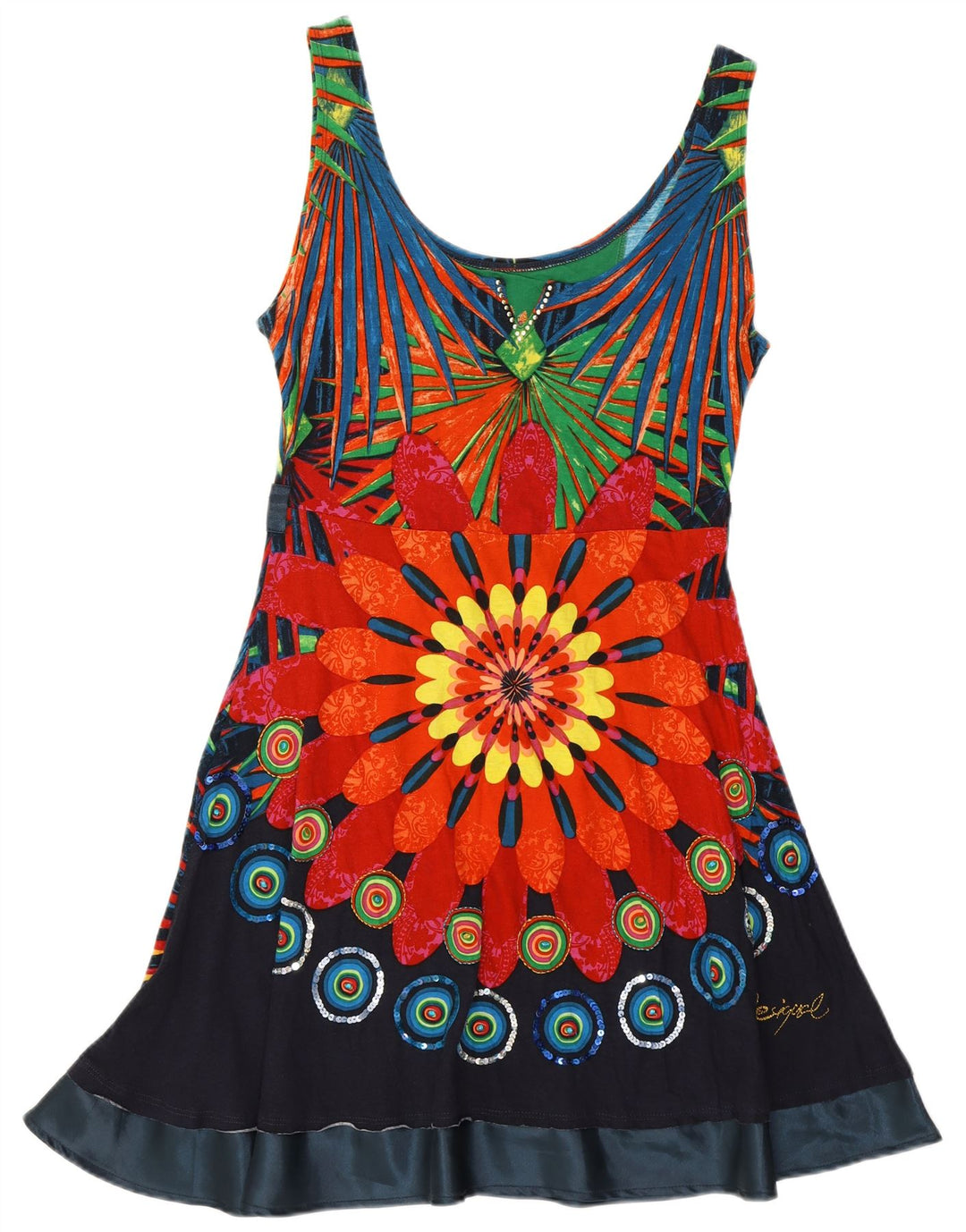 DESIGUAL Vestido feminino sem mangas evasê UK 14 grande floral multicolorido