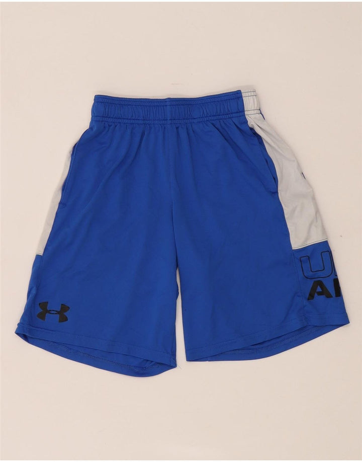 Shorts esportivos gráficos Under Armour Boys 7-8 anos pequeno bloco colorido azul