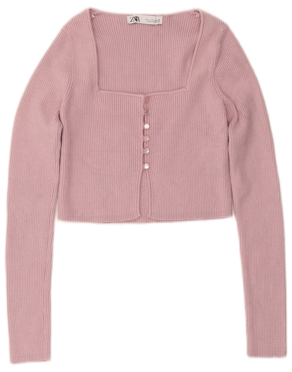 Zara Womens Crop Cardigan Top UK 8 Pequeno Rosa Nylon