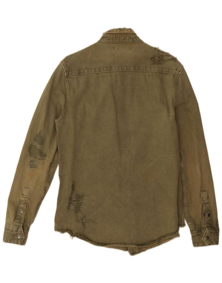 Camisa jeans masculina Zara com ajuste relaxado e desgastado de algodão cáqui médio