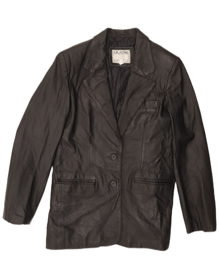 Jaqueta blazer feminina de couro VINTAGE com 2 botões Reino Unido 14 grande couro preto