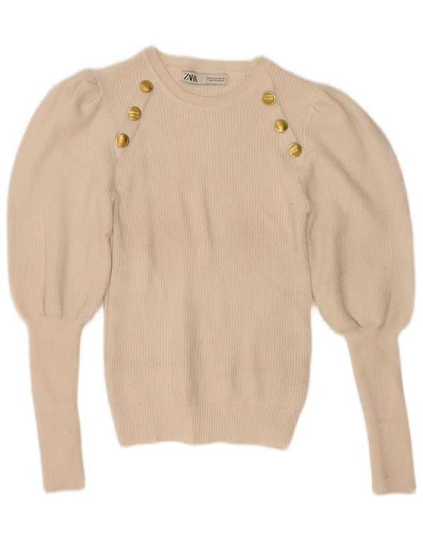 ZARA Womens Crew Neck Jumper Sweater UK 8 Small Beige Viscose
