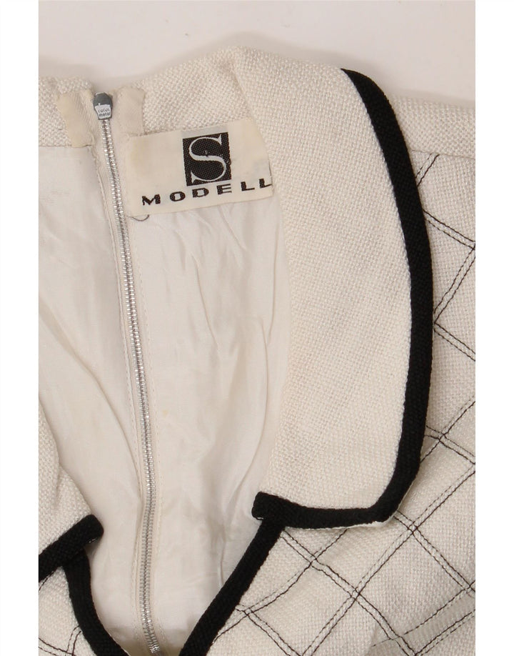 Vestido feminino VINTAGE sem mangas evasê UK 8 pequeno xadrez branco