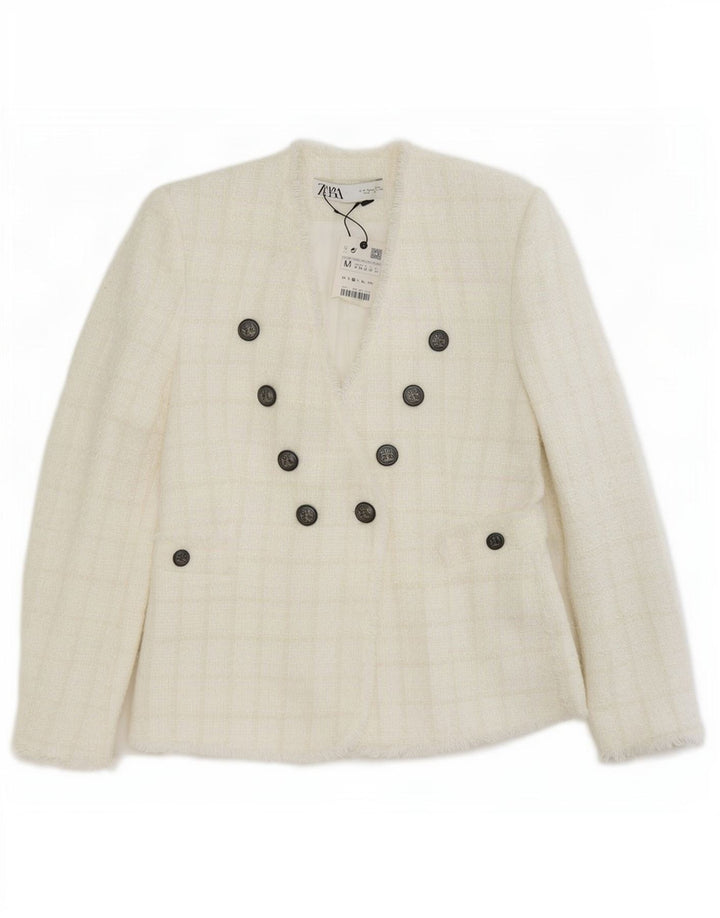 Jaqueta blazer feminina Zara com peito duplo Reino Unido 12 xadrez branco médio