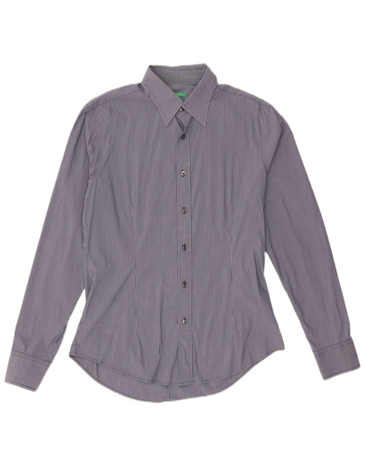 Camisa masculina Benetton grande algodão listrado azul marinho