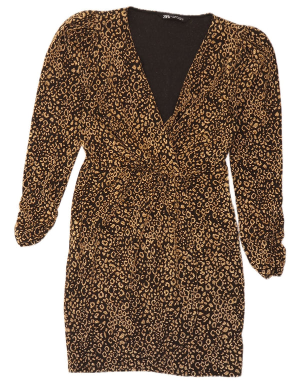 Zara Womens Long Sleeve Sheath Dress UK 12 Medium Black Animal Print
