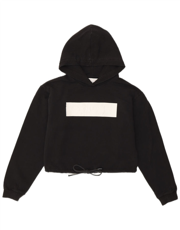CALVIN KLEIN Suéter feminino com capuz e estampa gráfica UK 10 pequeno preto