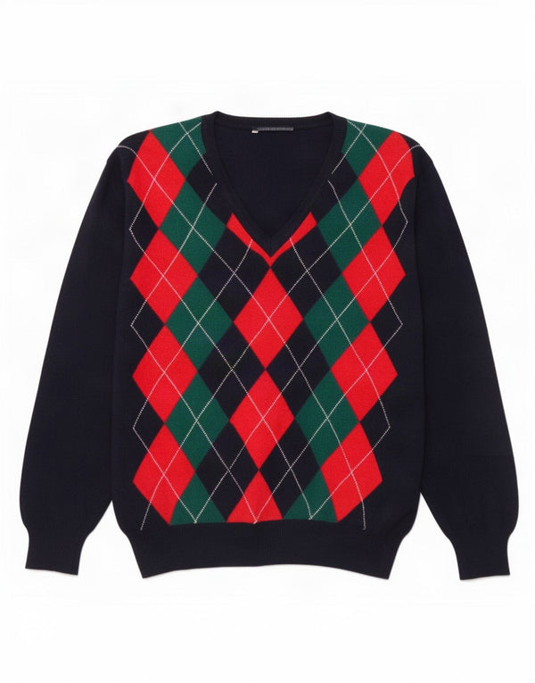 Suéter masculino vintage com decote em V grande azul marinho Argyle/lã diamante