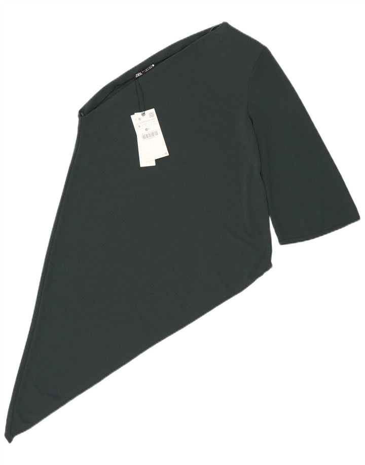 Top feminino assimétrico de um ombro Zara UK 10 poliéster verde pequeno