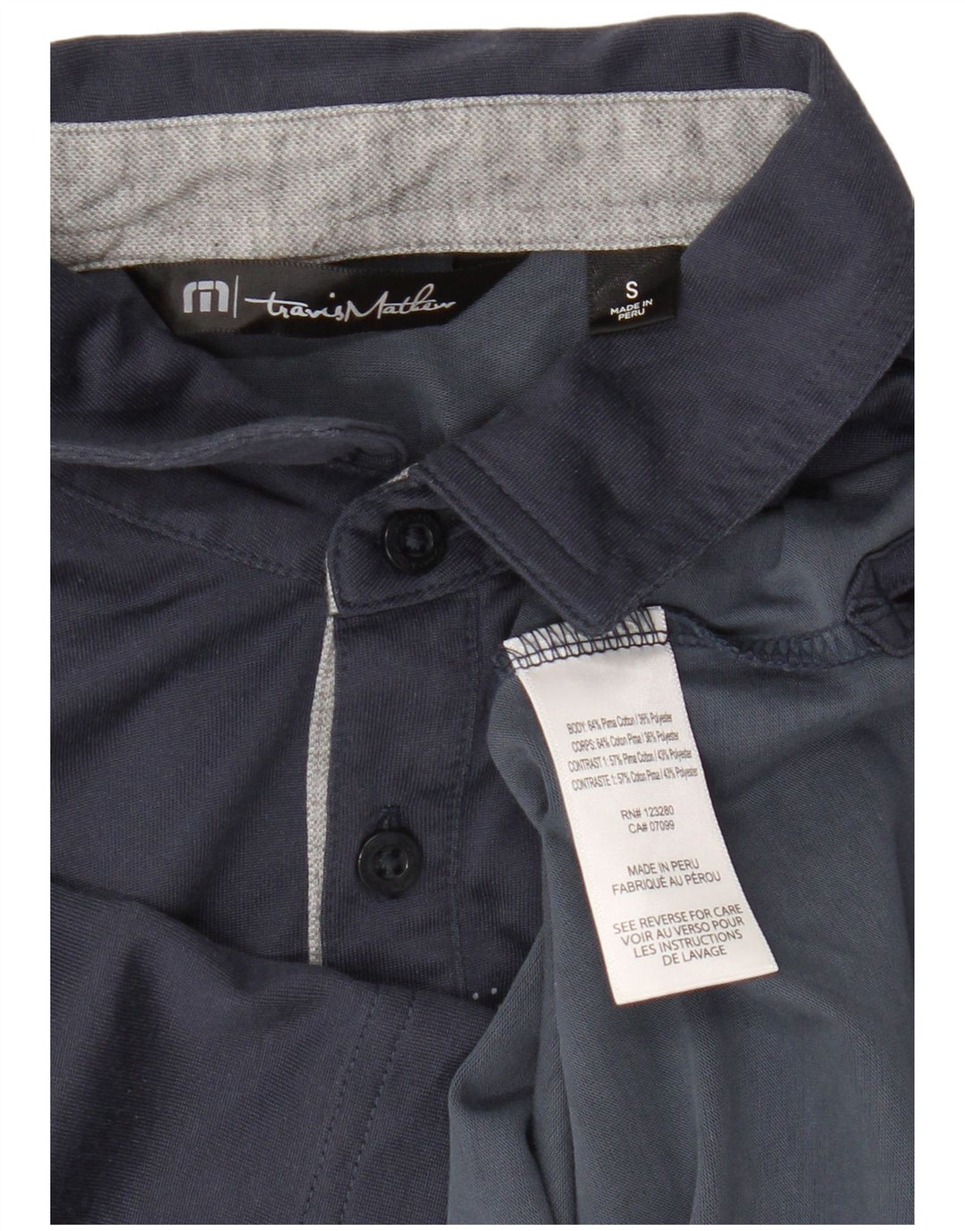 Camisa pólo gráfica masculina Travis Mathew pequena algodão azul marinho