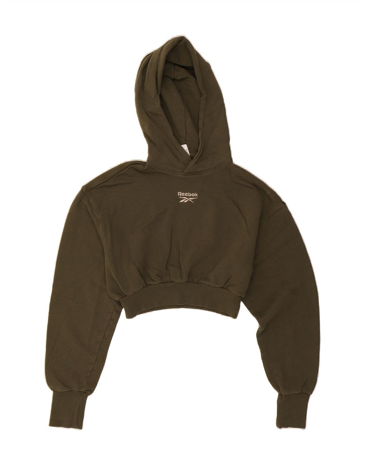REEBOK Womens Crop Hoodie Jumper UK 4/6 XS Khaki Cotton Vintage Reebok and Second-Hand Reebok from Messina Hembry 