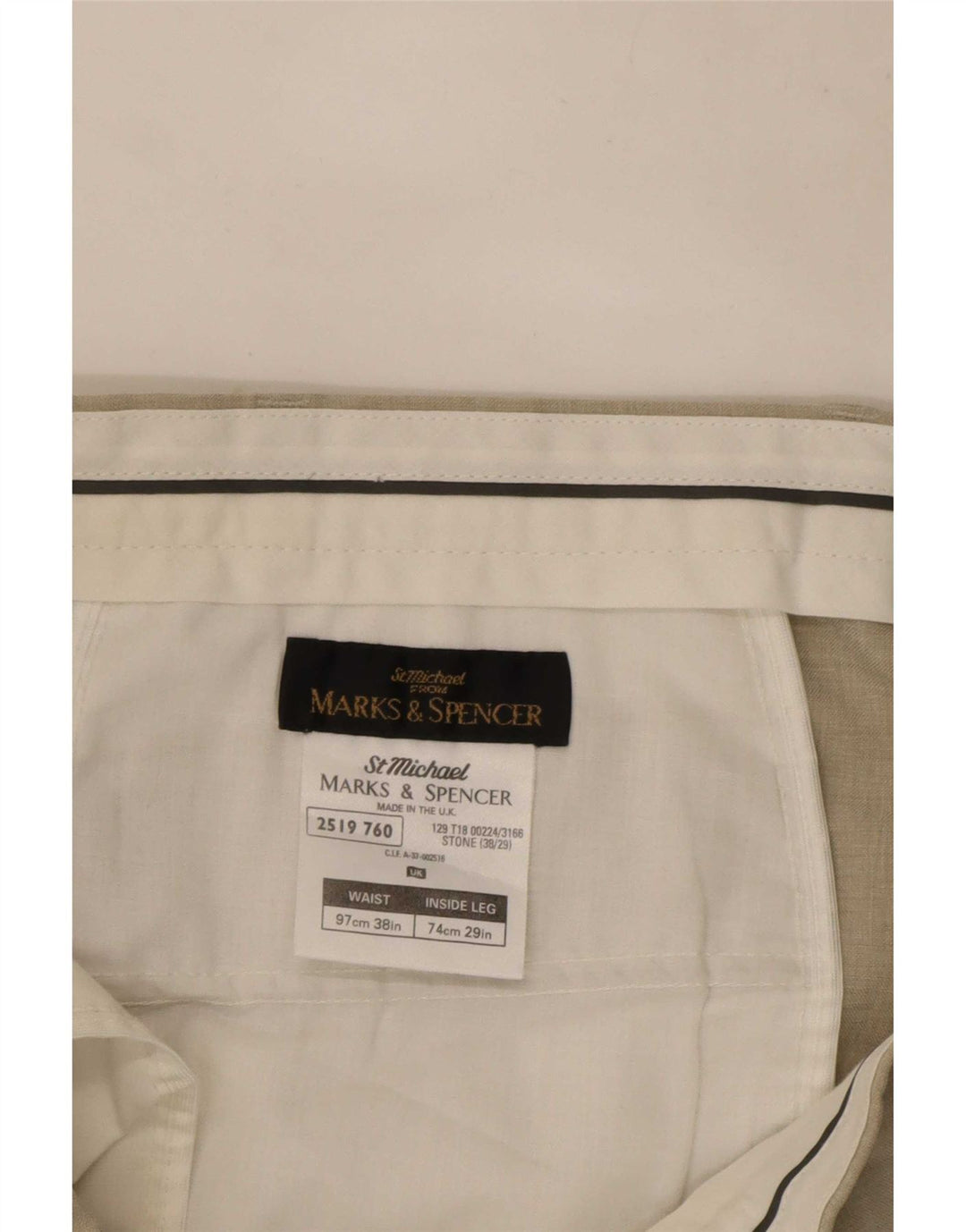 Calça chino reta masculina Marks & Spencer W38 L27 poliéster bege