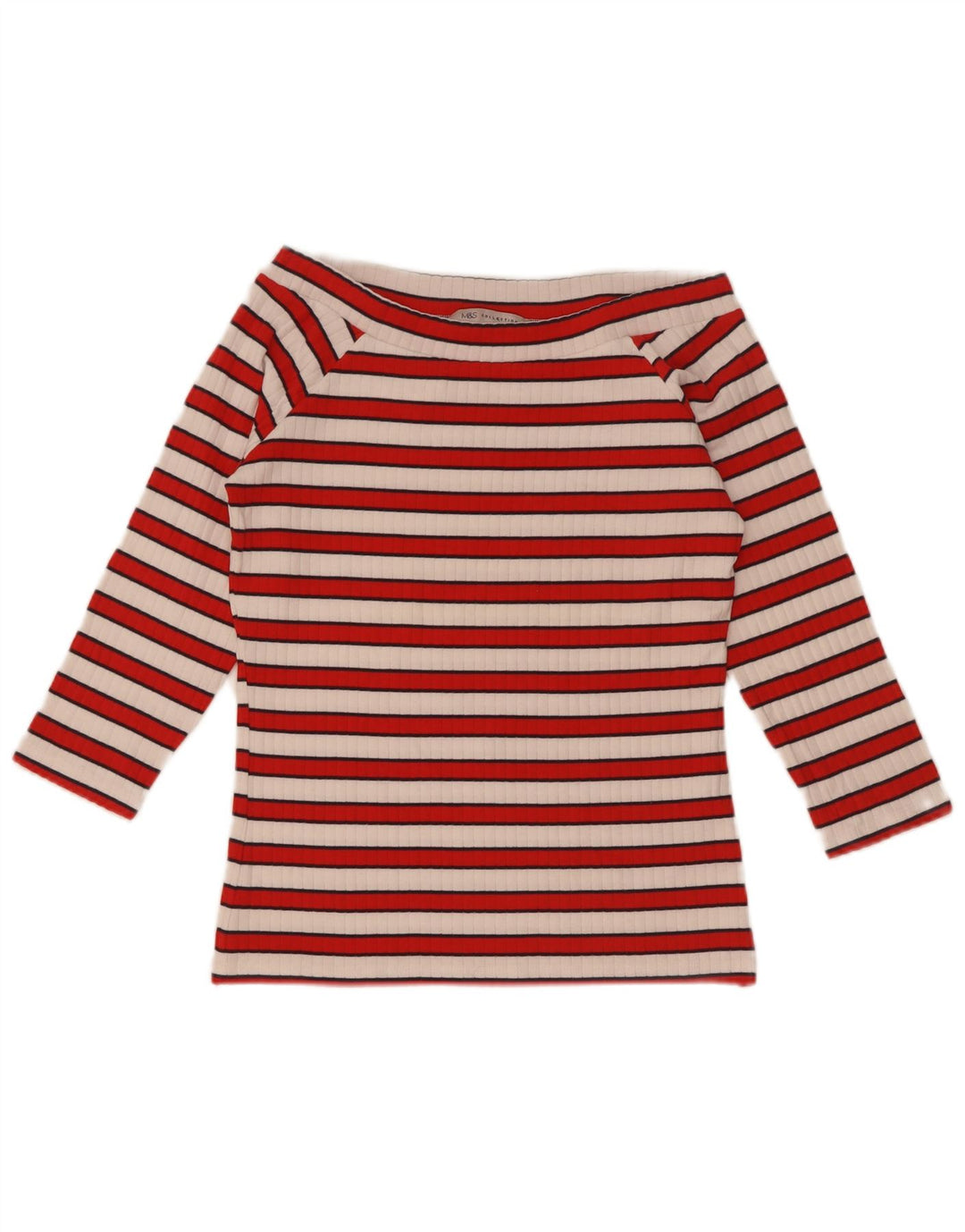 Top feminino Marks & Spencer com ombro de fora manga 3/4 Reino Unido 12 listrado vermelho médio