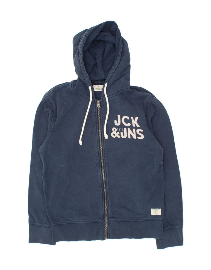 JACK & JONES Mens Graphic Zip Hoodie Sweater Medium Navy Blue Cotton Vintage Jack & Jones and Second-Hand Jack & Jones from Messina Hembry 