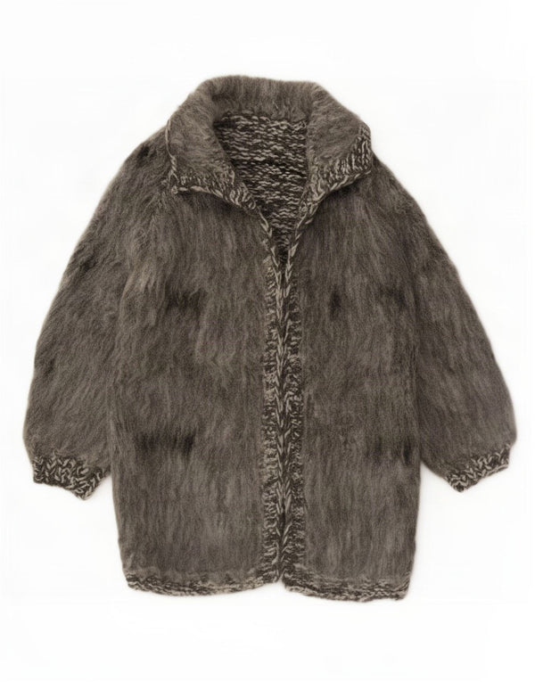 Suéter vintage feminino com palangre aberto, cardigã UK 16 grande cinza manchado