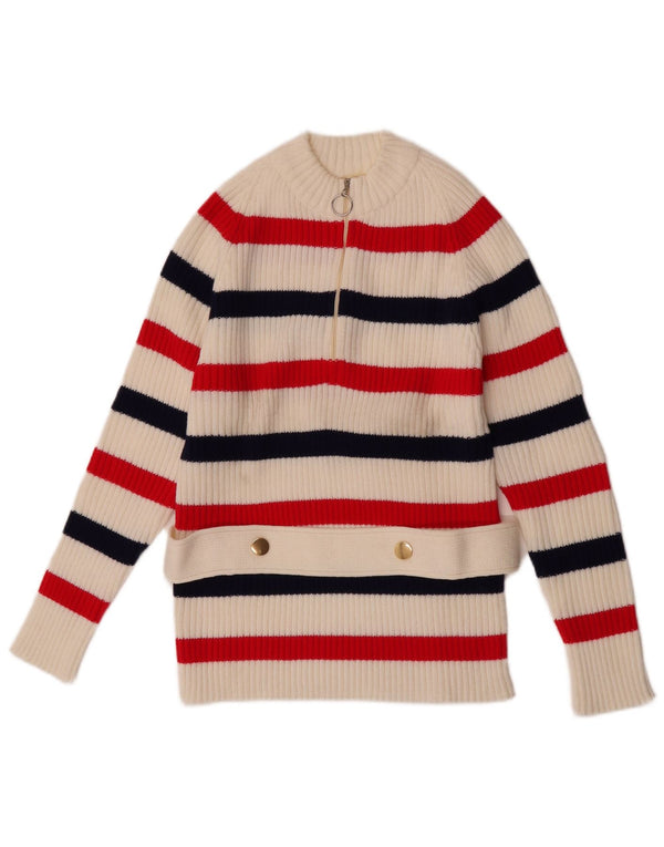 Suéter feminino vintage com gola e zíper Reino Unido 12 acrílico listrado branco médio