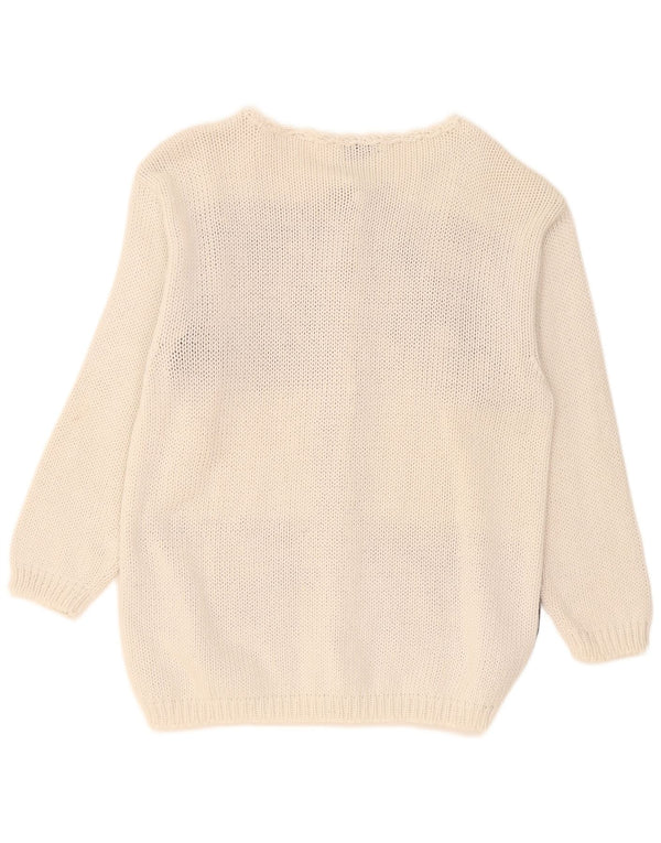 Suéter cardigã gráfico feminino vintage Reino Unido 16 grande algodão branco