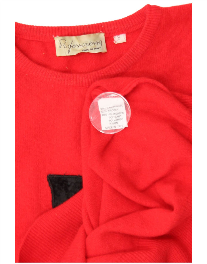 Suéter feminino vintage com gola redonda e gola redonda Reino Unido 10 pequeno vermelho geométrico