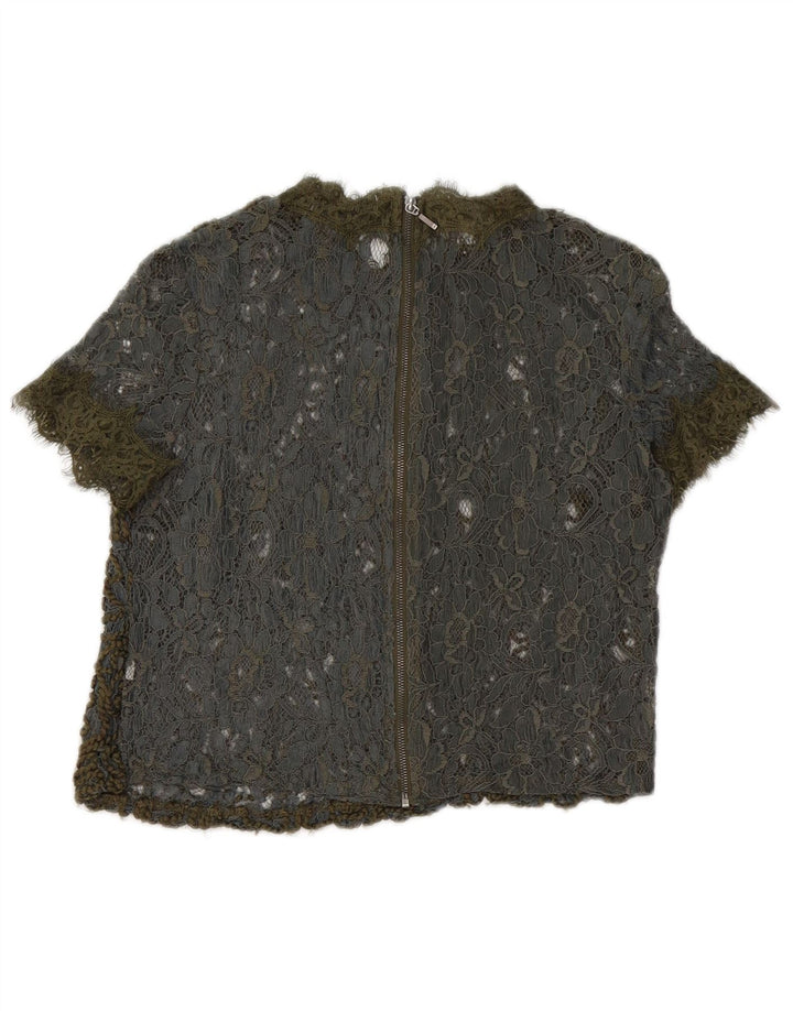 Zara Womens Crop Lace See Through Top UK 10 Small Khaki Floral