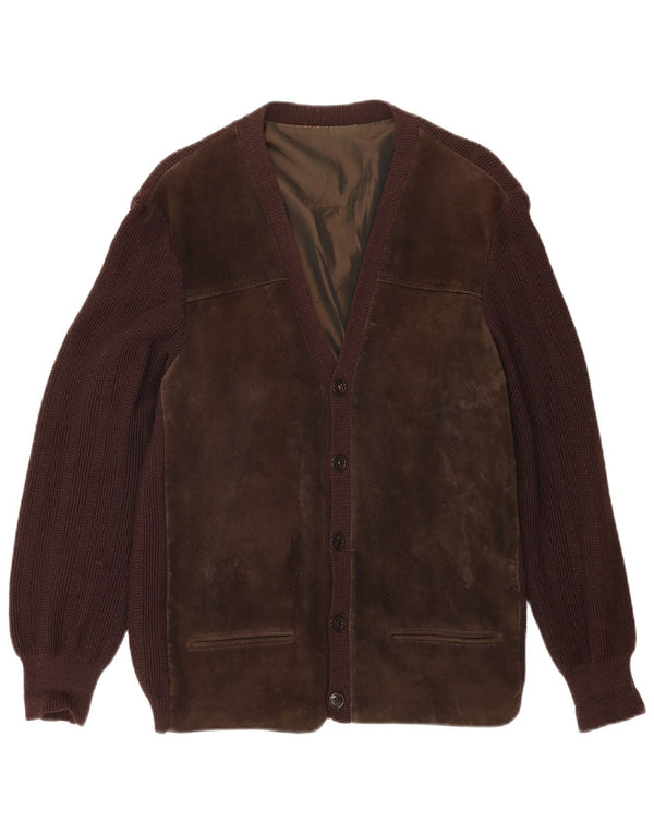 Suéter cardigã masculino vintage bloco colorido marrom médio