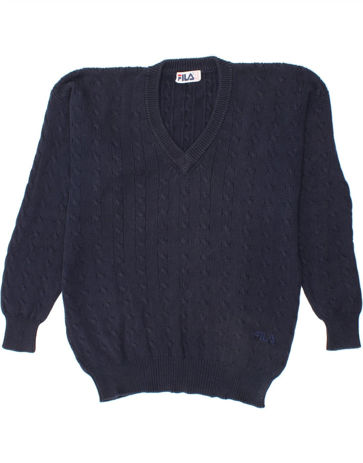 FILA Mens V-Neck Jumper Sweater IT 50 Medium Navy Blue Cotton Vintage Fila and Second-Hand Fila from Messina Hembry 