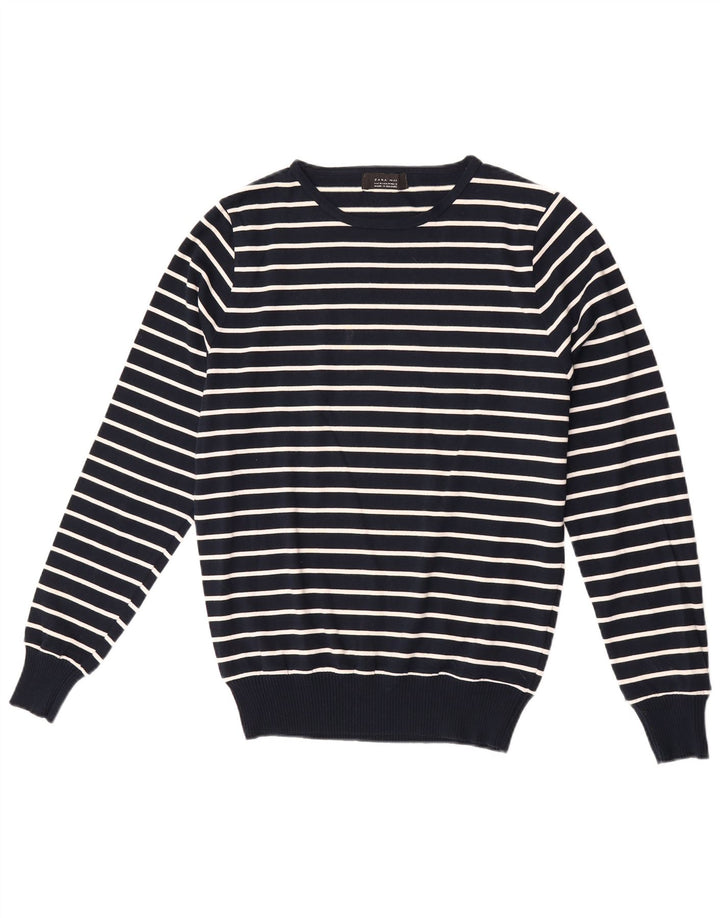 Zara Suéter masculino com gola redonda e algodão listrado azul marinho médio