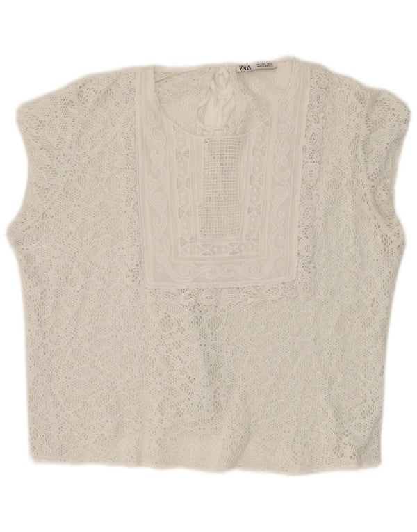 Blusa feminina Zara de renda cortada top UK 16 grande branco