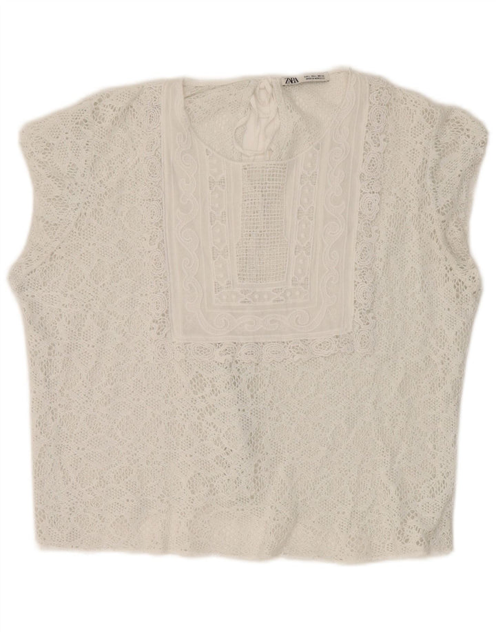 Blusa feminina Zara de renda cortada top UK 16 grande branco