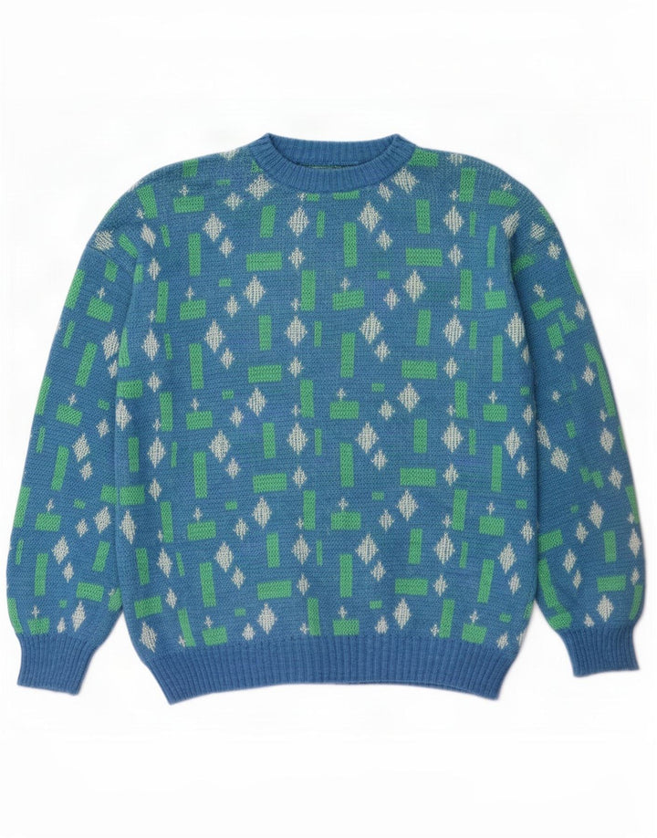 Suéter vintage masculino com gola redonda grande azul geométrico