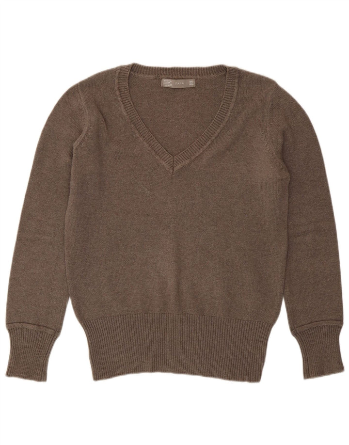Suéter feminino Zara com decote em V Reino Unido 14 marrom médio