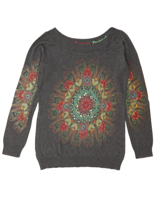 Suéter feminino Desigual com gola canoa gráfico UK 18 XL cinza paisley