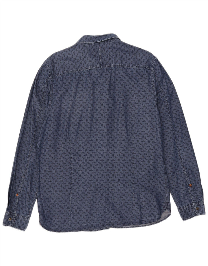 White Stuff Masculino Padrão Abstrato Camisa Slim Fit Grande Algodão Azul