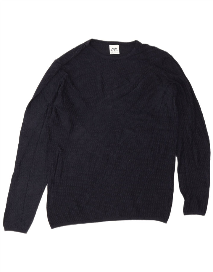 Zara Suéter masculino com gola redonda e viscose azul marinho médio