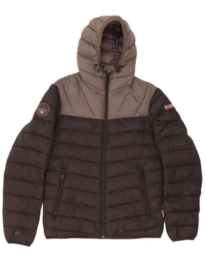 Jaqueta masculina acolchoada com capuz Napapijri Reino Unido 38 bloco colorido preto médio