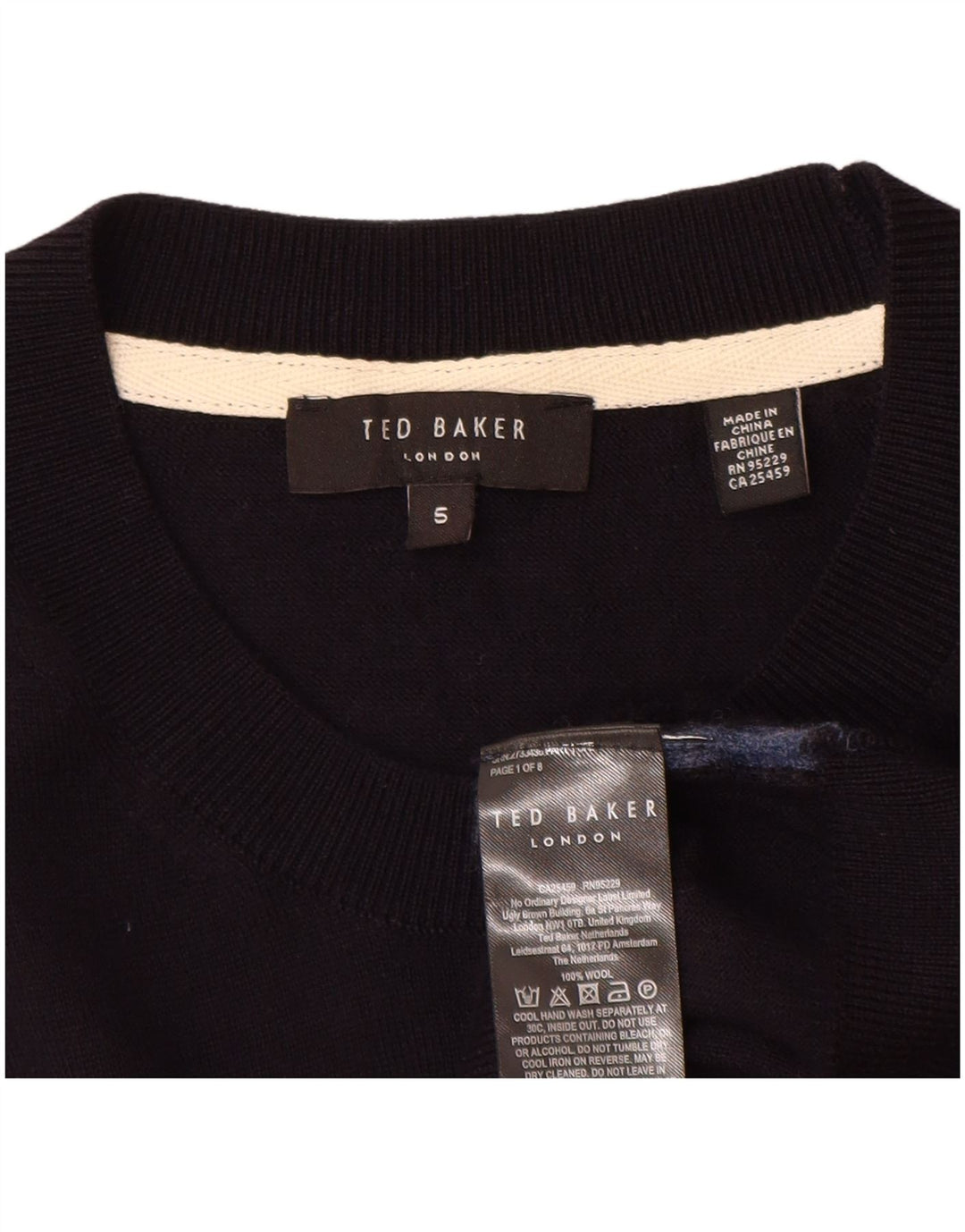 Suéter feminino Ted Baker com gola redonda tamanho 5 XL lã azul marinho