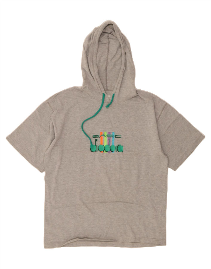 DIADORA Mens Hooded Graphic T-Shirt Top Large Grey Cotton Vintage Diadora and Second-Hand Diadora from Messina Hembry 