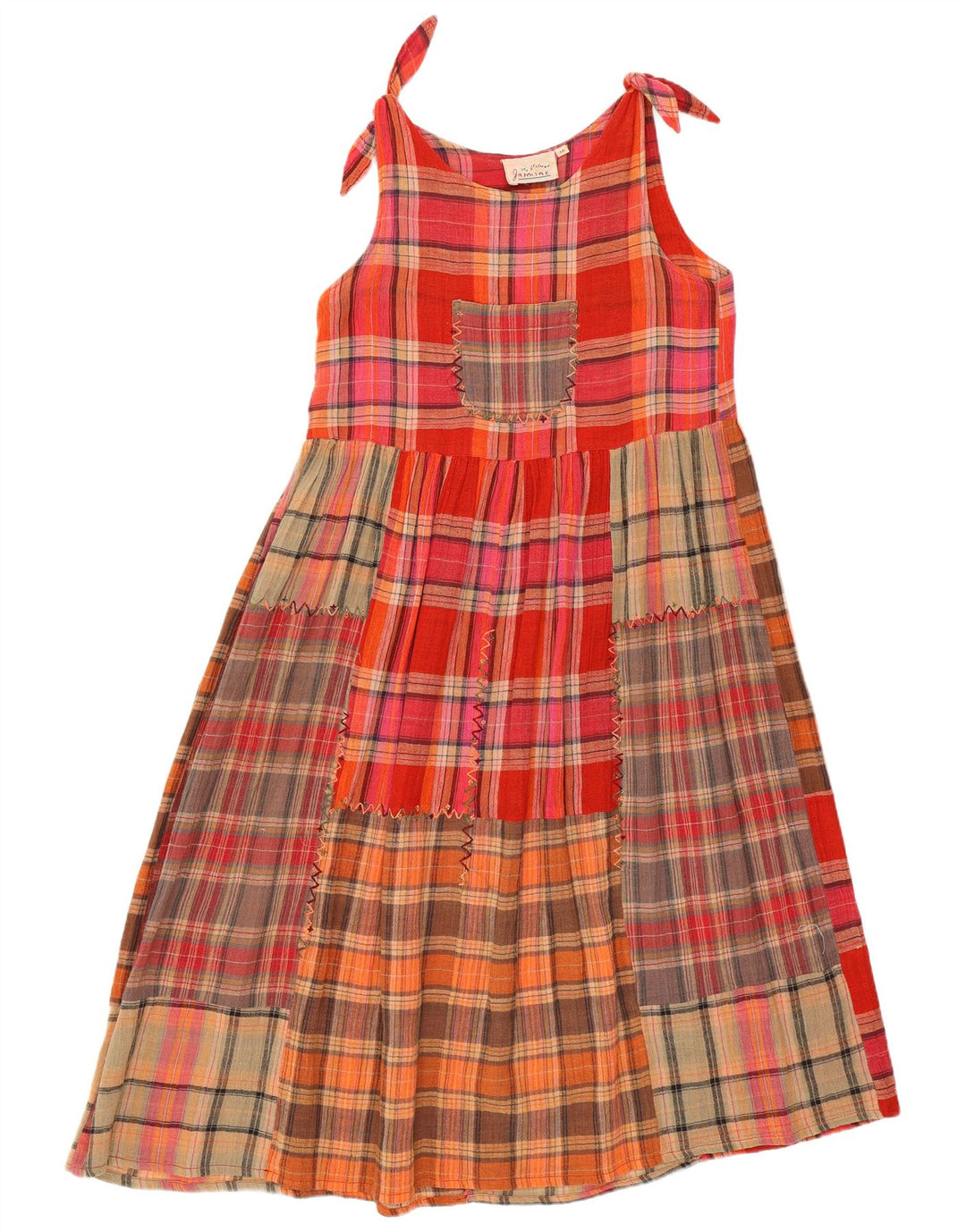 Vestido vintage feminino evasê UK 14 médio patchwork multicolorido algodão