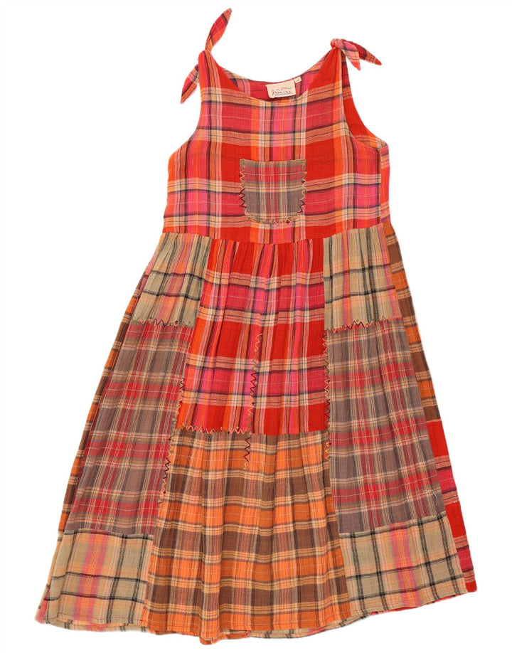 Vestido vintage feminino evasê UK 14 médio patchwork multicolorido algodão