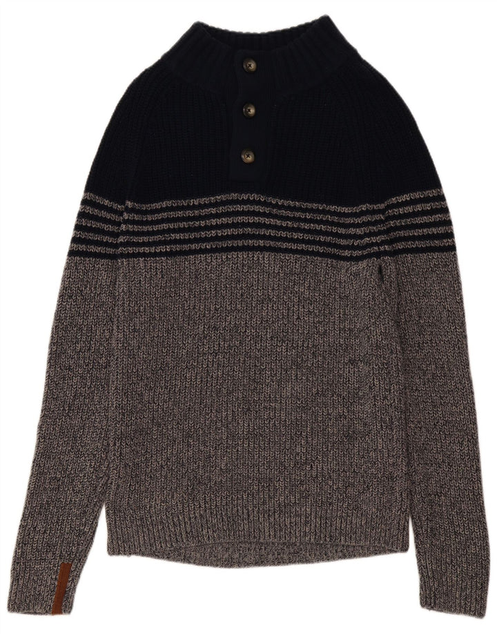 WHITE STUFF Suéter feminino com gola redonda e botão UK 16 grande bloco colorido cinza