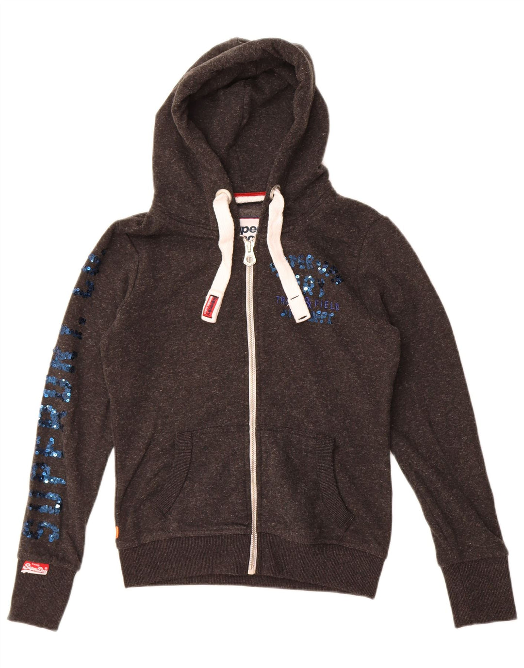 Suéter feminino Superdry com capuz e zíper gráfico UK 10 pequeno poliéster cinza