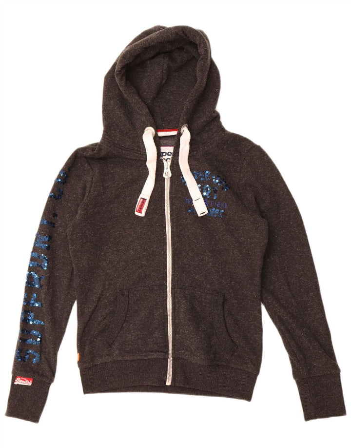 Suéter feminino Superdry com capuz e zíper gráfico UK 10 pequeno poliéster cinza