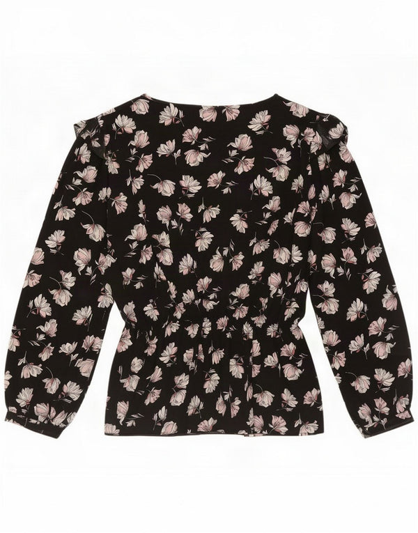 Blusa feminina vintage de manga comprida com gravata frontal UK 16 grande floral preto