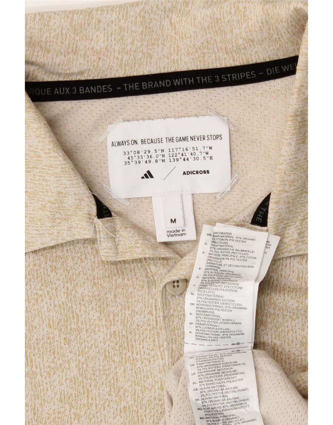 Camisa polo masculina Adidas Three Stripes médio bege manchado de algodão