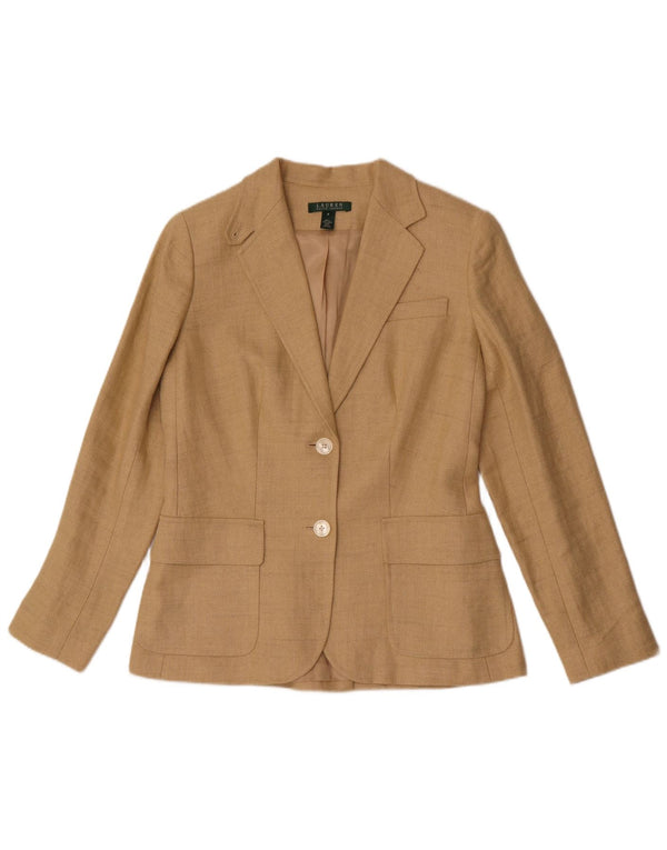 Jaqueta blazer feminina Ralph Lauren com 2 botões EUA 8 espinha de peixe bege médio