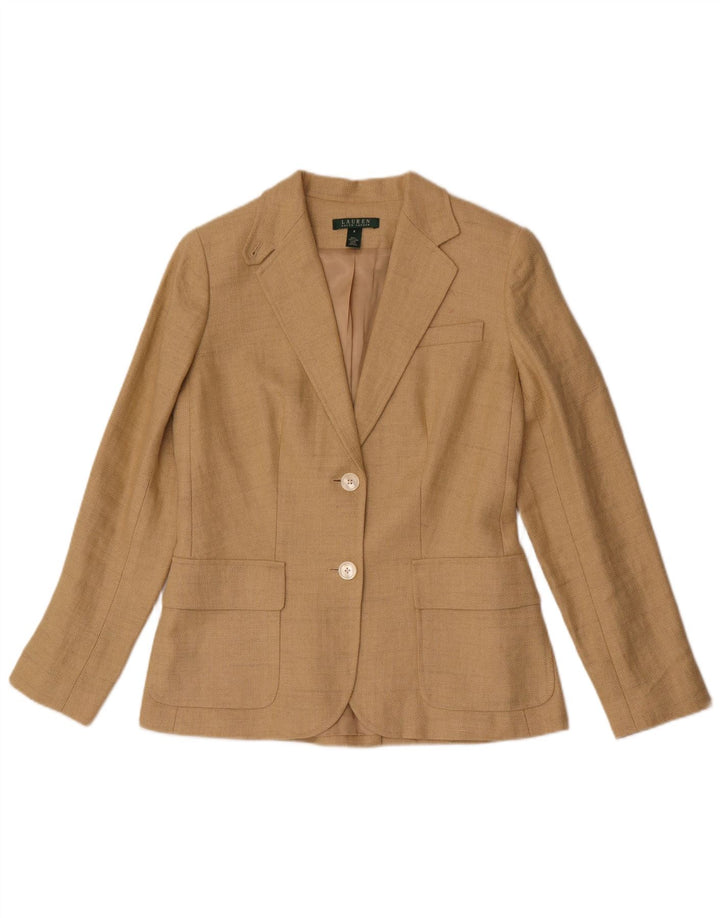 Jaqueta blazer feminina Ralph Lauren com 2 botões EUA 8 espinha de peixe bege médio