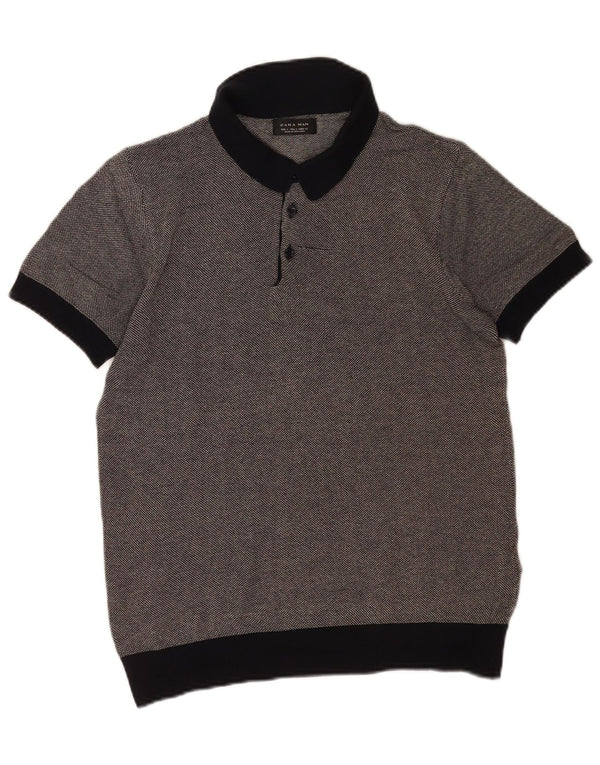 Zara Mens Short Sleeve Polo Neck Jumper Sweater Large Grey Colourblock