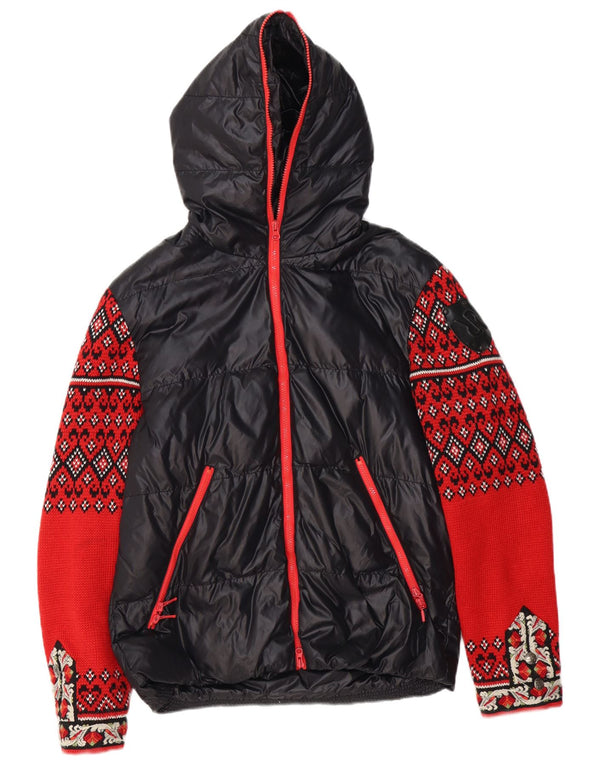 Jaqueta feminina acolchoada com capuz de malha RA-RE UK 16 grande nylon geométrico preto