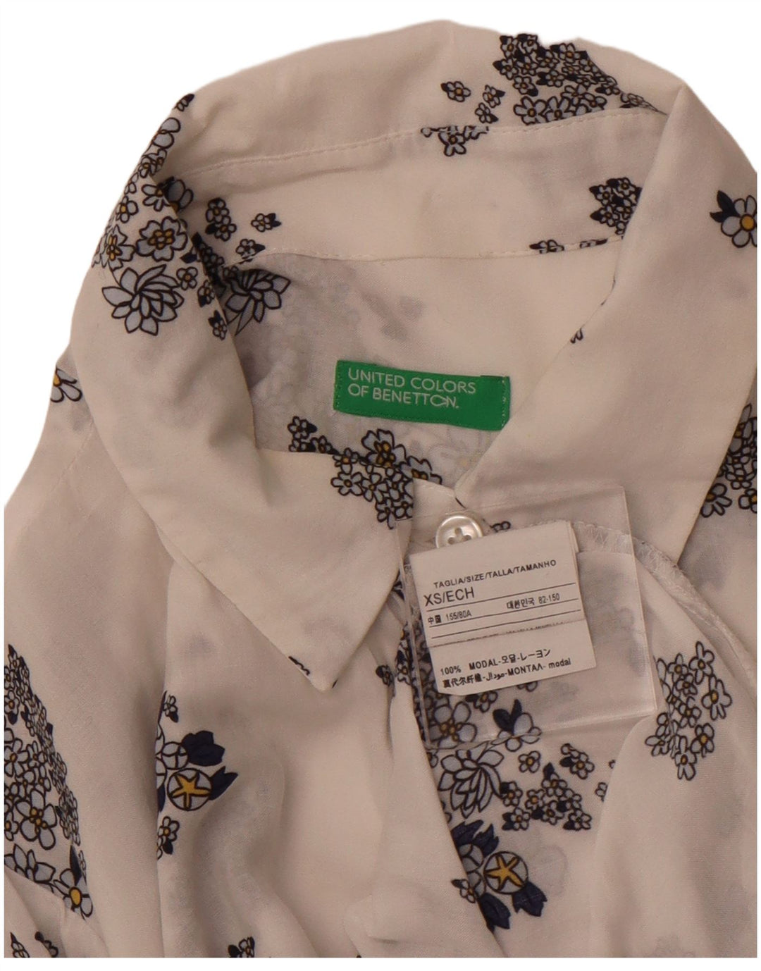 Camisa feminina transparente BENETTON Reino Unido 6 XS branco floral modal