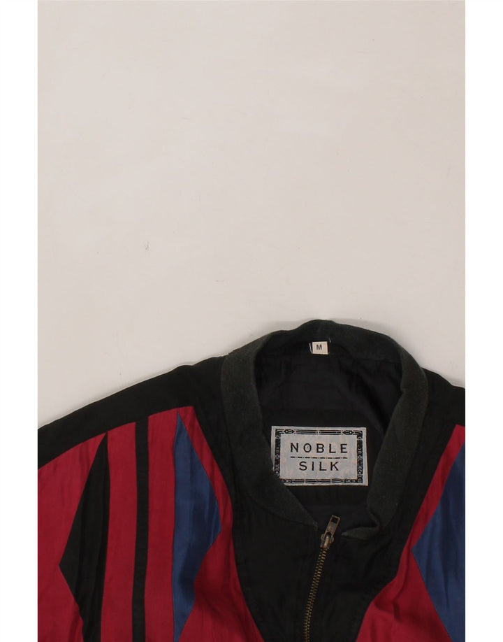 Jaqueta bomber masculina VINTAGE solta ajuste Reino Unido 38 seda geométrica preta média