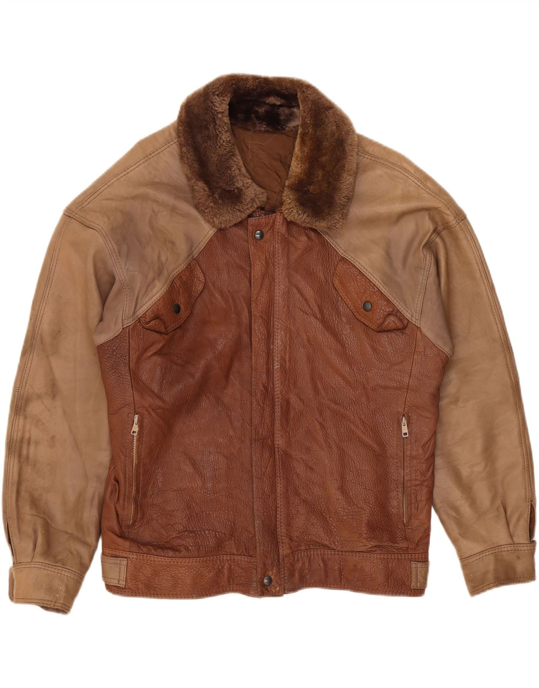 Jaqueta de couro masculina vintage IT 50 grande couro marrom colorblock